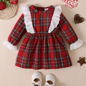 Toddler Baby Girl Clothing Red Checkered Ruffle Fashion Long sleeves Dress fit 0-3 Year Cute Baby Girl Spring Autumn Party Dress