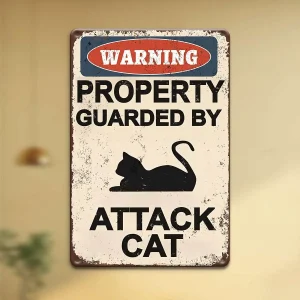 Vintage "Attack Cat" Warning Sign - Rustic Aluminum Wall Decor for Home, Garden, Bar, Man Cave Retro Metal Plaque with Bold Eng
