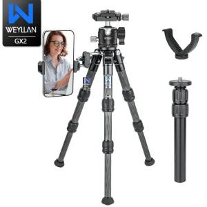 WEYLLAN Carbon Fiber Camera Tripod 360°Ball Head Lightweight Tabletop Tripod GX2 Travel Tripod V Yoke Bracket For DSLR Camera