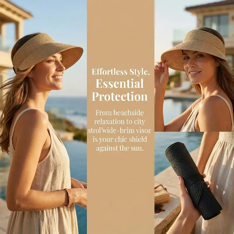 Wide Brim Visor Hat For Women UPF50+ Straw Beach Sun Visor Foldable Ponytail With UV Protection Summer Straw Hat Beach Hats - Image 4