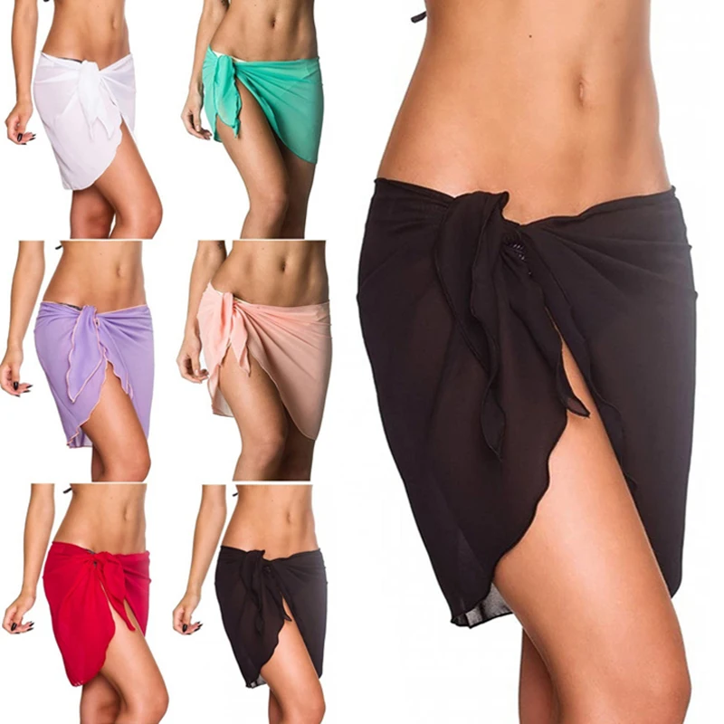 Women Short Sarongs Swimsuit Summer Coverups Beach Bikini Wrap Sheer Short Ladies Skirt Chiffon Scarf Cover Ups For Swimwear - Image 2