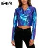 Womens Biker Motor Jacket Club Party Costume Metallic Shiny Cropped Jacket Notch Lapel Long Sleeve Side Zipper Crop Outerwear