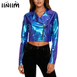 Womens Biker Motor Jacket Club Party Costume Metallic Shiny Cropped Jacket Notch Lapel Long Sleeve Side Zipper Crop Outerwear