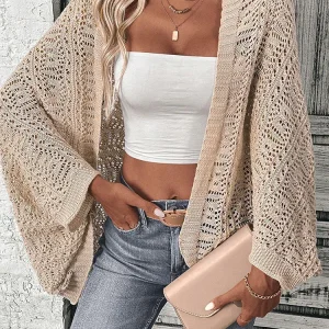 Women's Crochet Knit Cardigan Loose Batwing Sleeve Hollow Out Lace Kimono Jacket Summer Beach Cover Up Boho Style Sweater