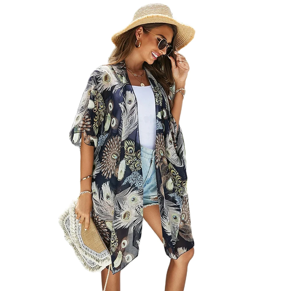 Women's Floral Loose Chiffon Coverups Beach Swim Bikini Kimono Cardigan Bathing Suit Cover Ups Blouse for Swimwear Resort Wear