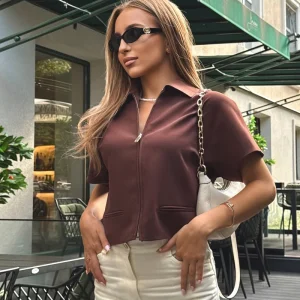 Women's Jacket Solid Color Short Sleeve Zipper Jackets Women Lapel Collar Cropped Jacket 2026 Summer New In Coats And Jackets