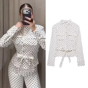 Women's Polka Dot Shirts Jacket Spring Casual Round Neck Long Sleeve With Pockets Belt Coats Fashion Female Outerwear