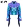 Womens Tassels Hip Hop Jazz Dance Performance Costume Metallic Glossy Tops Turn-Down Long Sleeve Zipper Fringe Shiny Jacket