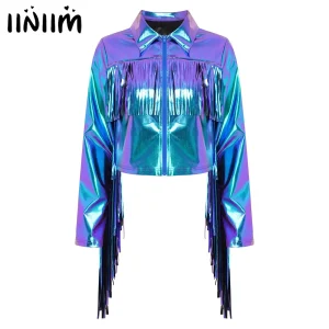 Womens Tassels Hip Hop Jazz Dance Performance Costume Metallic Glossy Tops Turn-Down Long Sleeve Zipper Fringe Shiny Jacket