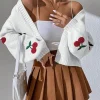 Women's White Cherry Embroidered Cardigan Open Front Cropped Balloon Sleeve Spring Fall Outerwear