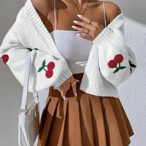 Women's White Cherry Embroidered Cardigan Open Front Cropped Balloon Sleeve Spring Fall Outerwear
