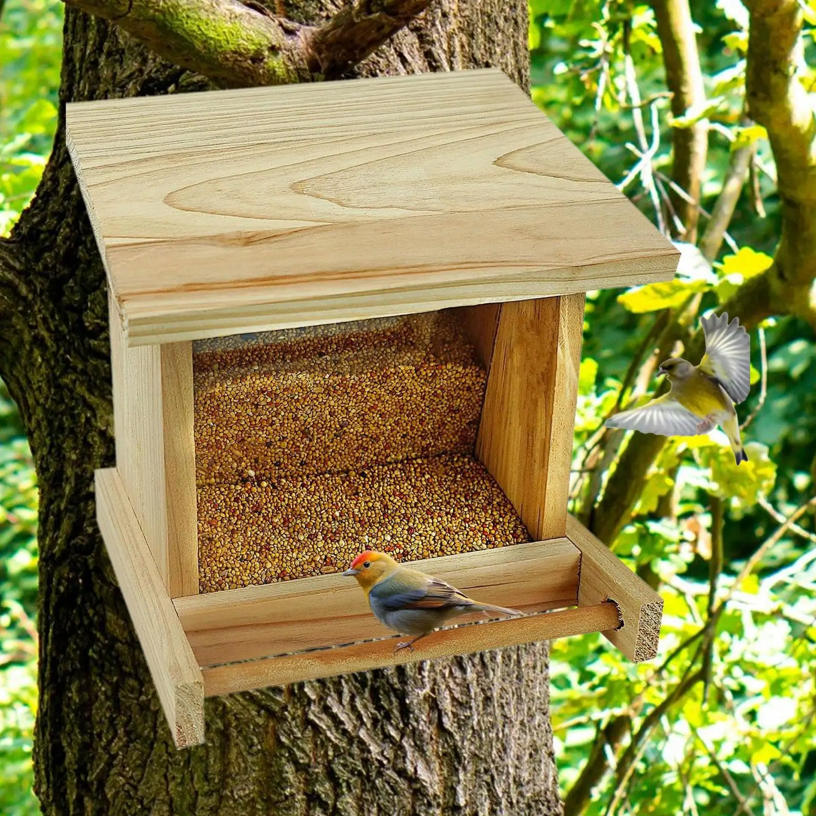 Wood Bird House Feeder with Perch, Outdoors Hanging Bird Feeding Station for Medium Small Birds Parrots