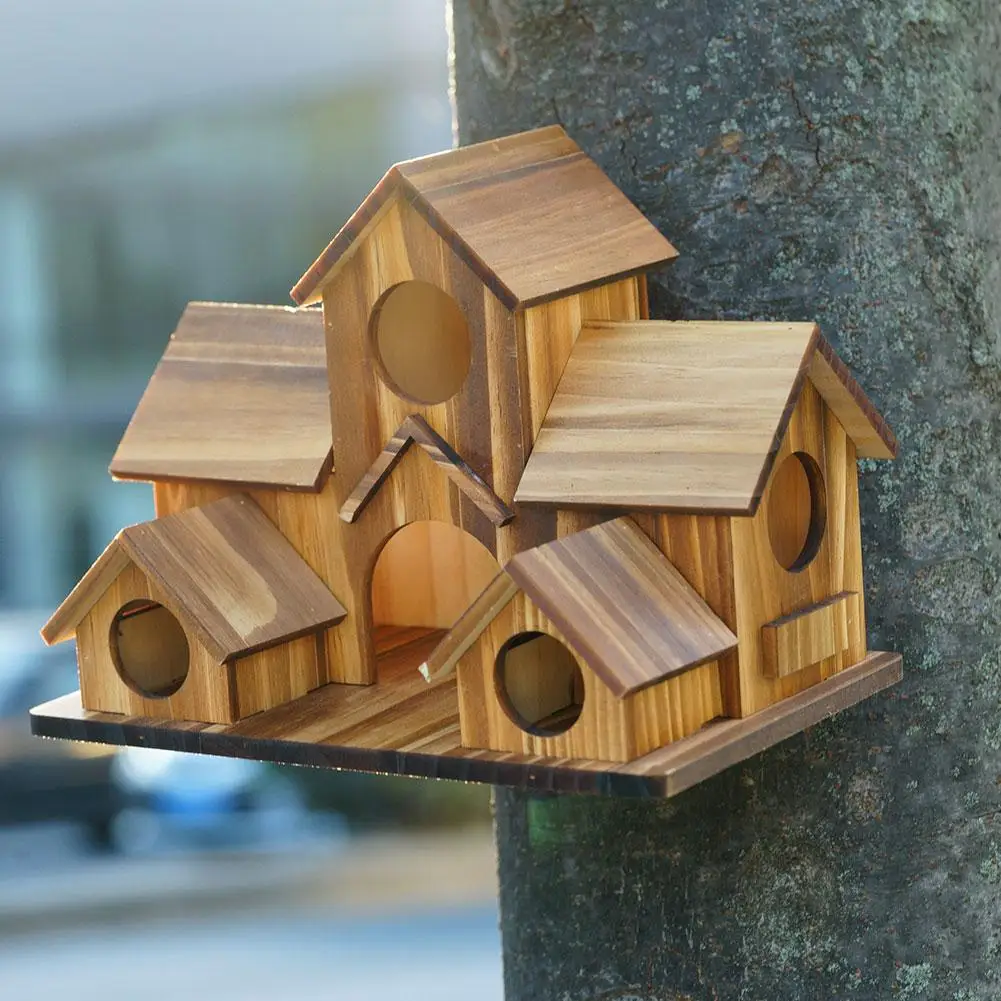 Wooden Bird Feeding Birdhouse 5 Hole Bird House Room Outdoor Garden Bird Nesting Box Bird House Pet Supplies Decoration - Image 2