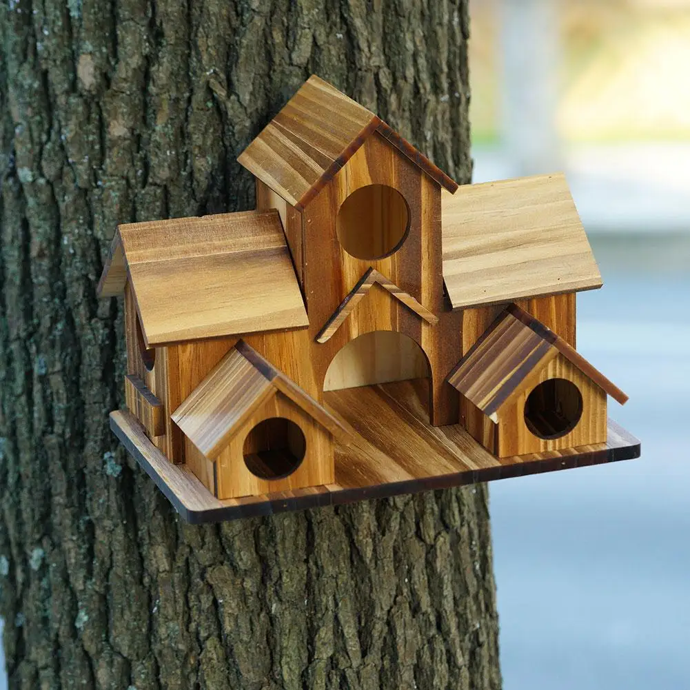 Wooden Bird Feeding Birdhouse 5 Hole Bird House Room Outdoor Garden Bird Nesting Box Bird House Pet Supplies Decoration - Image 3