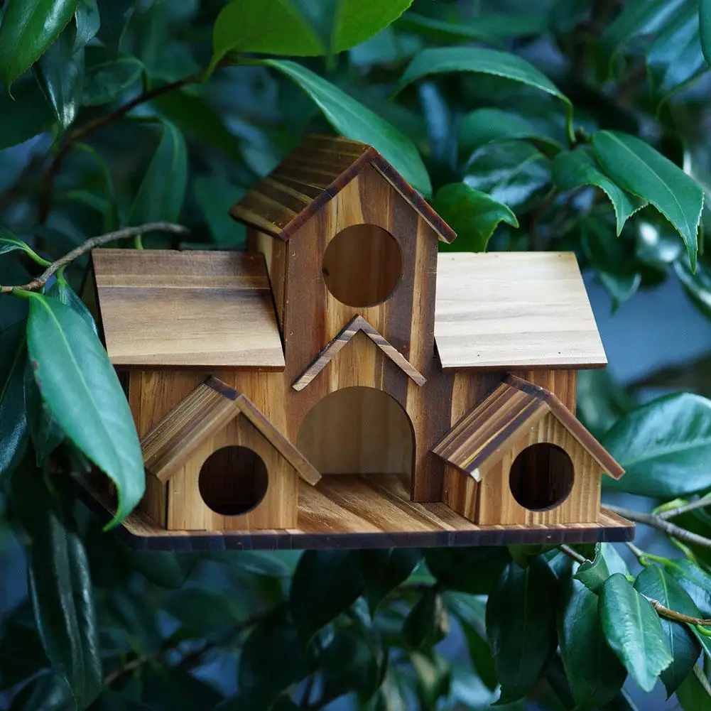 Wooden Bird Feeding Birdhouse 5 Hole Bird House Room Outdoor Garden Bird Nesting Box Bird House Pet Supplies Decoration