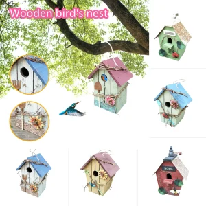 Wooden Birdhouse Hanging Bird Houses Creative Wall-Mounted Wood Outdoor Bird Nest Outside Garden Patio Decoration Bird Hut Box