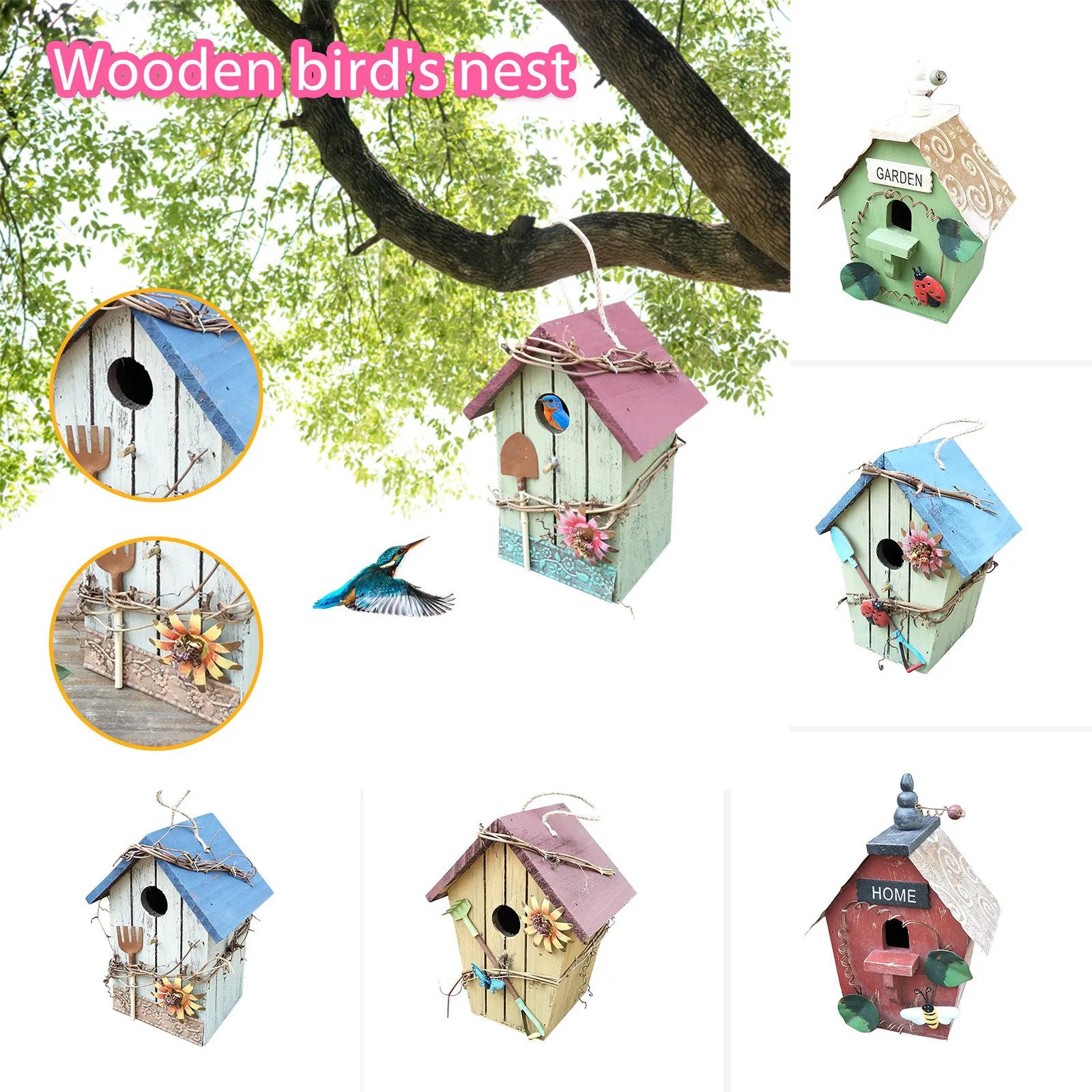 Wooden Birdhouse Hanging Bird Houses Creative Wall-Mounted Wood Outdoor Bird Nest Outside Garden Patio Decoration Bird Hut Box
