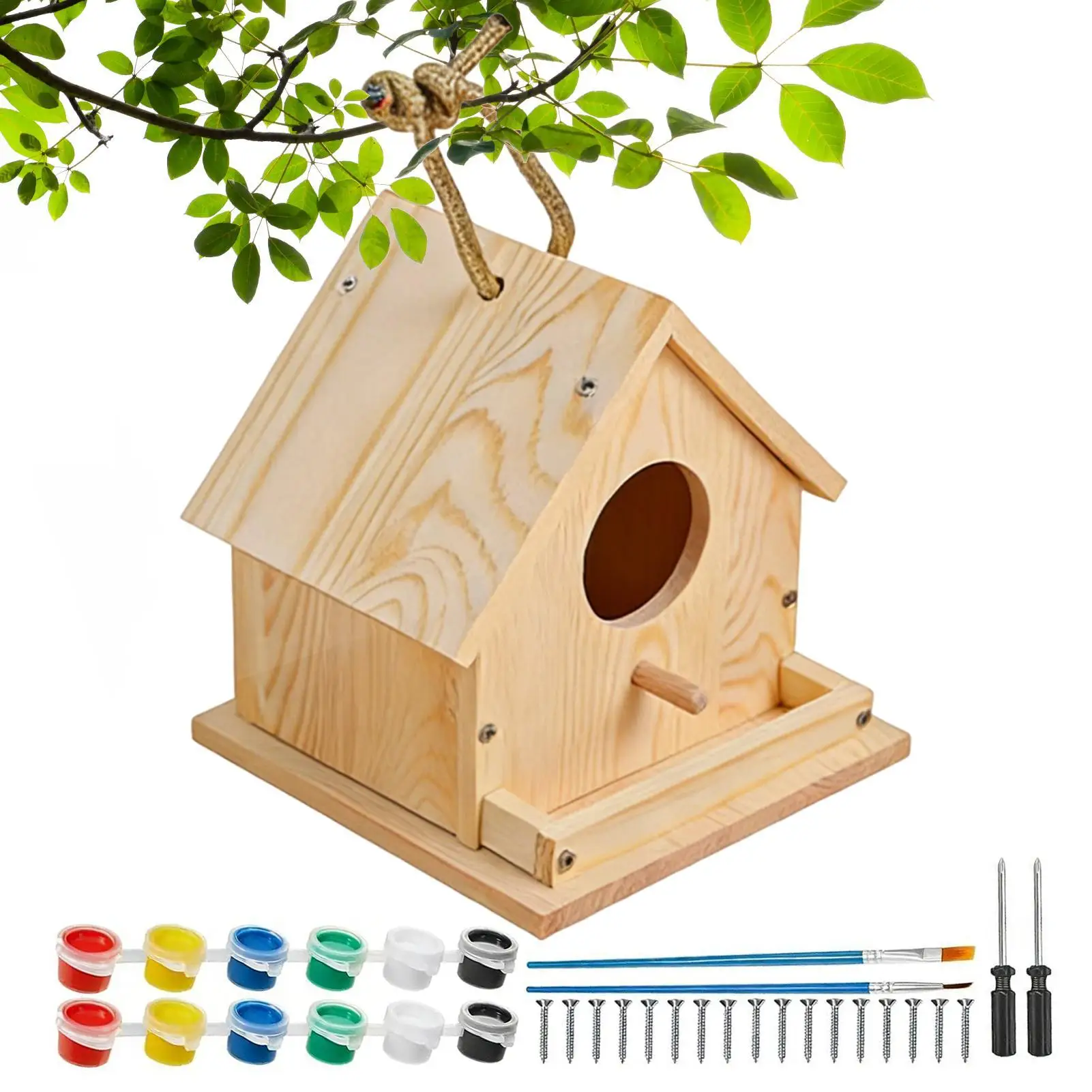 Wooden DIY Bird Nest House Outdoor Hanging Birdhouse Box With Rope For Painting DIY Outdoor Garden Yard Decoration - Image 2
