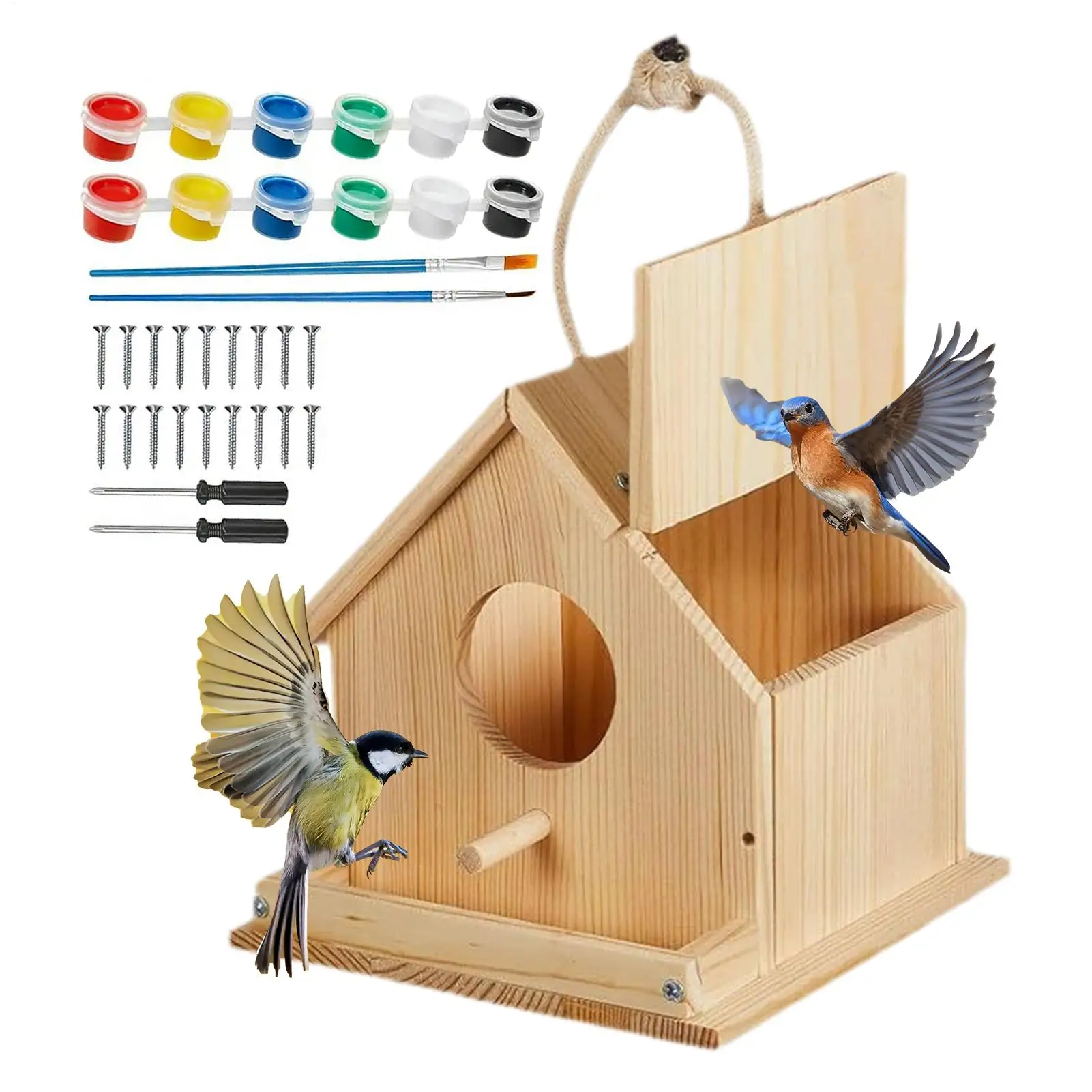 Wooden DIY Bird Nest House Outdoor Hanging Birdhouse Box With Rope For Painting DIY Outdoor Garden Yard Decoration - Image 4