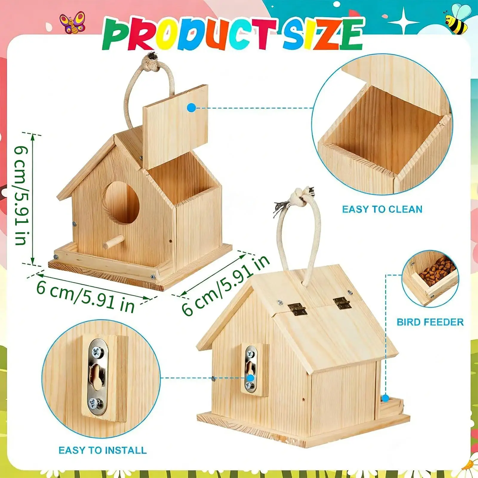 Wooden DIY Bird Nest House Outdoor Hanging Birdhouse Box With Rope For Painting DIY Outdoor Garden Yard Decoration - Image 6