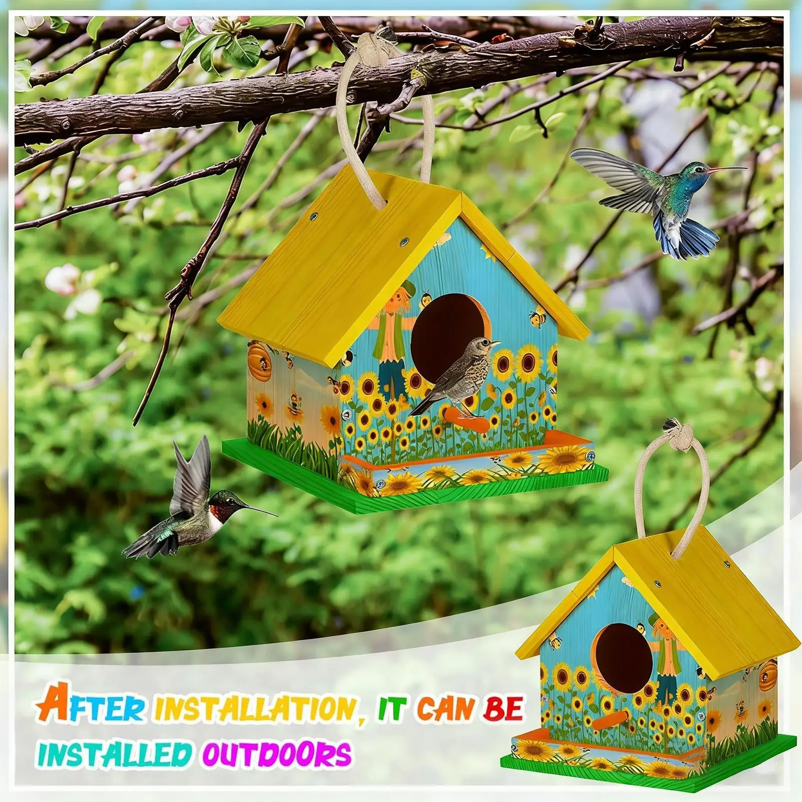 Wooden DIY Bird Nest House Outdoor Hanging Birdhouse Box With Rope For Painting DIY Outdoor Garden Yard Decoration