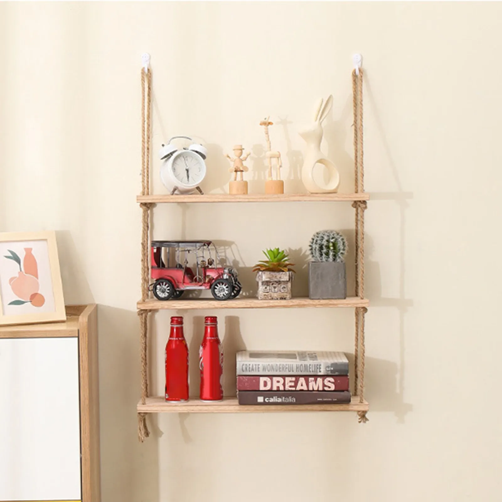 Wooden Floating Shelves for Wall Plant Flower Wood Swing Hanging Rope Storage Home Living Room Decor 1/2/3-tier - Image 2