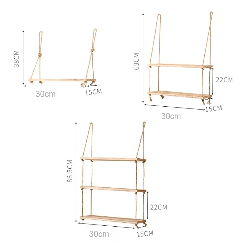 Wooden Floating Shelves for Wall Plant Flower Wood Swing Hanging Rope Storage Home Living Room Decor 1/2/3-tier - Image 6