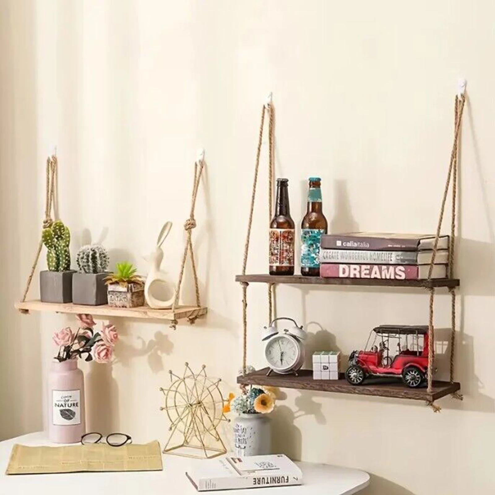 Wooden Floating Shelves for Wall Plant Flower Wood Swing Hanging Rope Storage Home Living Room Decor 1/2/3-tier - Image 3