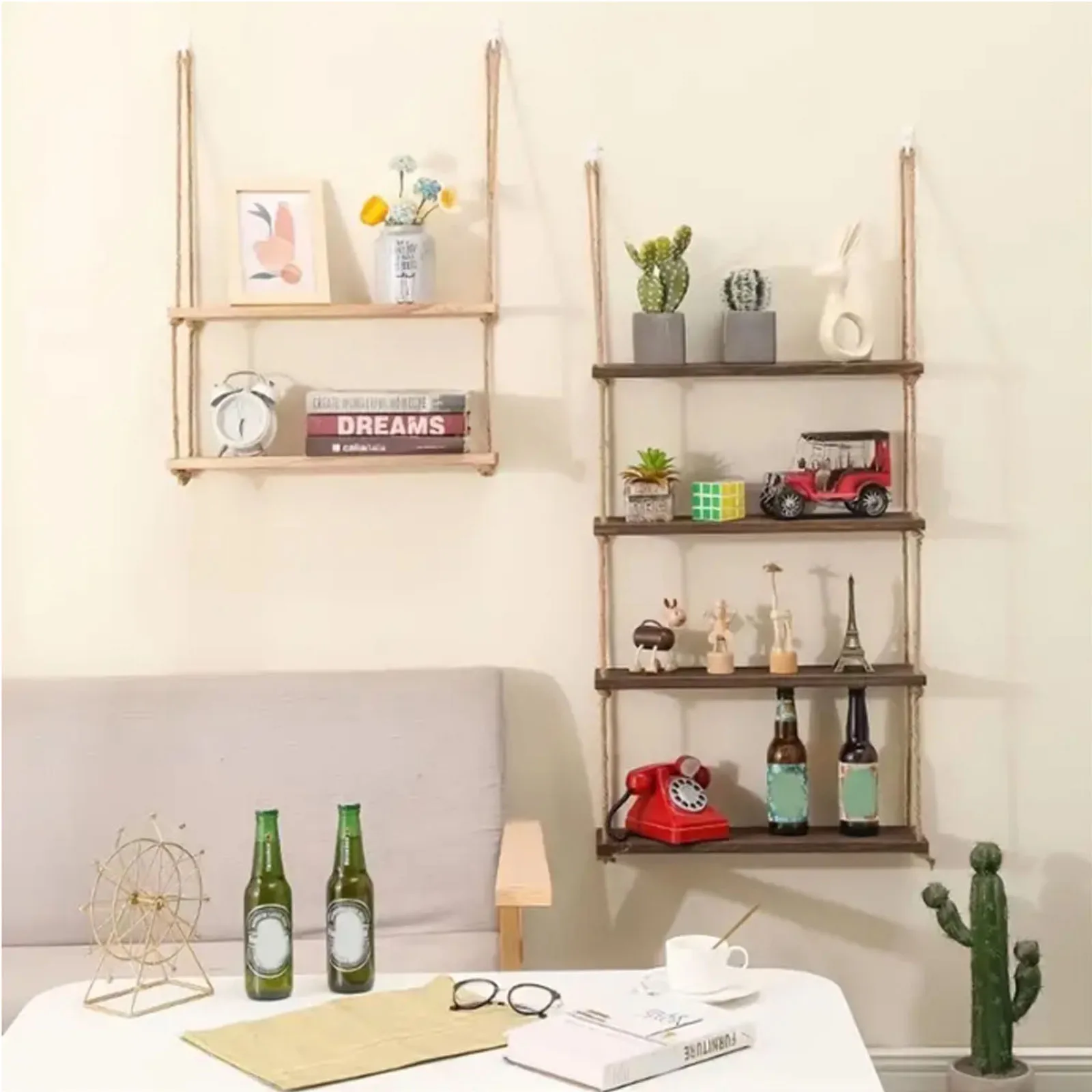 Wooden Floating Shelves for Wall Plant Flower Wood Swing Hanging Rope Storage Home Living Room Decor 1/2/3-tier - Image 4