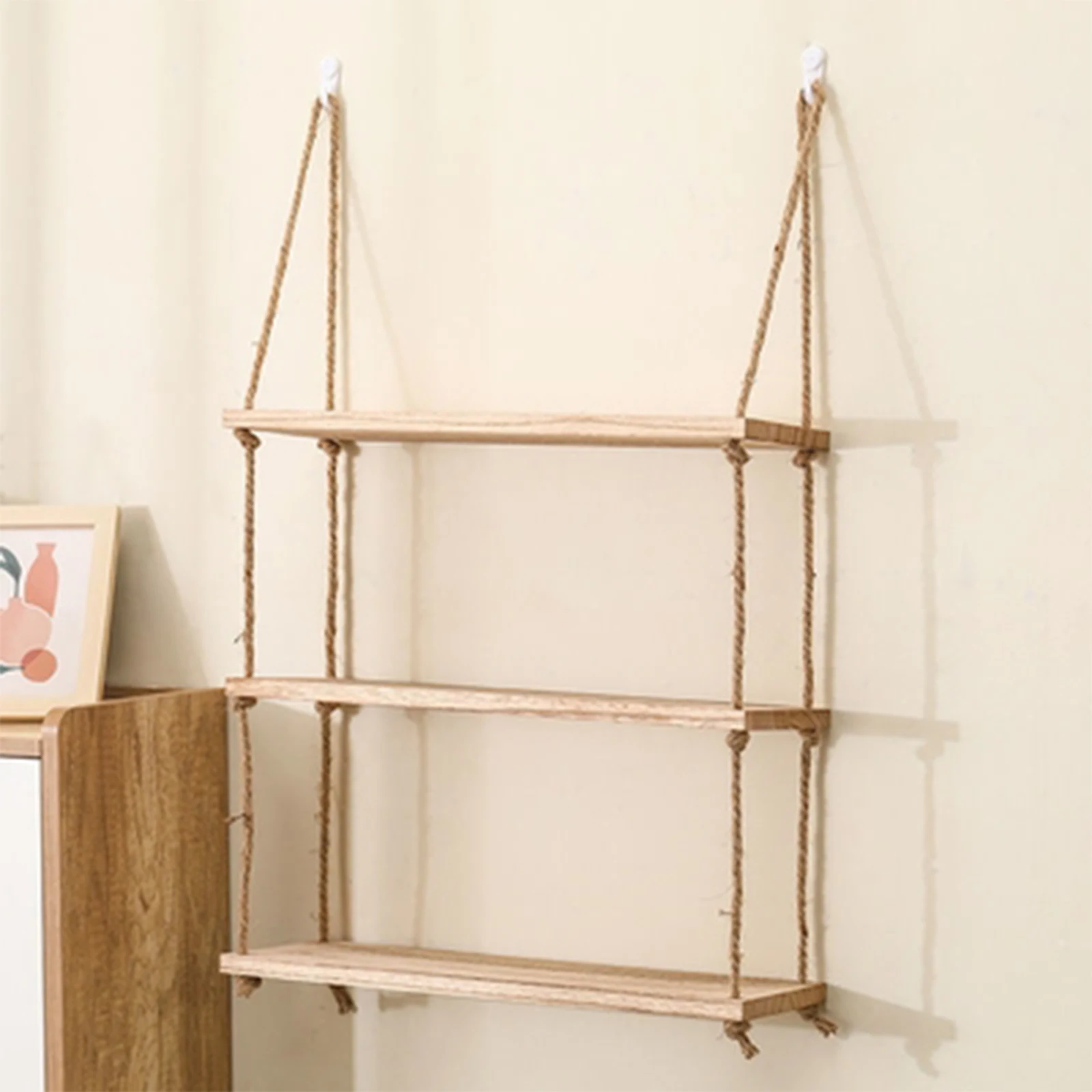 Wooden Floating Shelves for Wall Plant Flower Wood Swing Hanging Rope Storage Home Living Room Decor 1/2/3-tier - Image 5