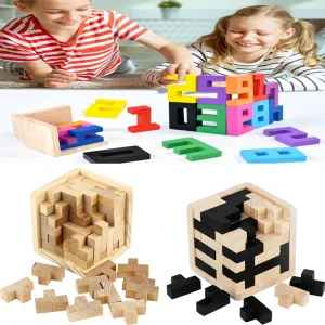 Wooden Jigsaw Logic Cube Puzzle Montessori Brain Teaser IQ Test Toys Educational Mind Problem Solving Games For Kids Adults