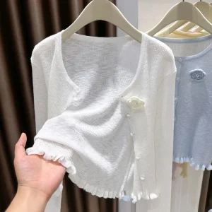 Zjaiss 2026 Spring Summer New Ruffle Floral Shawl Outer Wear Knitted Coat Ice Silk Sheer Knit Sun Protection Women Cardigan