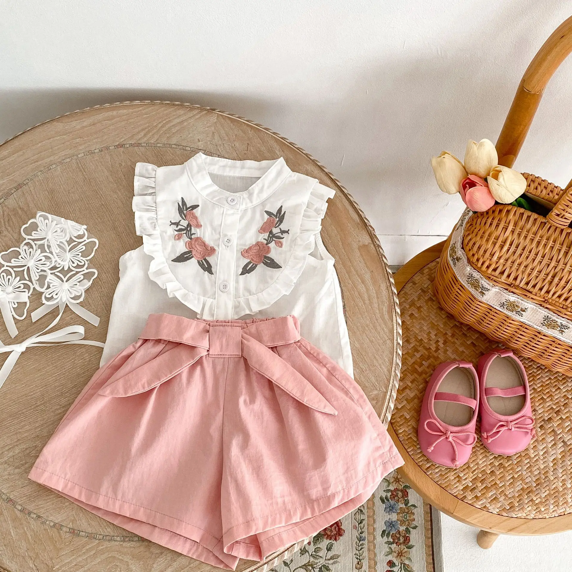 (0-3 Years Old) Summer Baby Girl Cotton Flower Embroidery Sleeveless Top And Shorts Two-Piece Set Of Cute Girl Shirt Top And Sho - Image 2