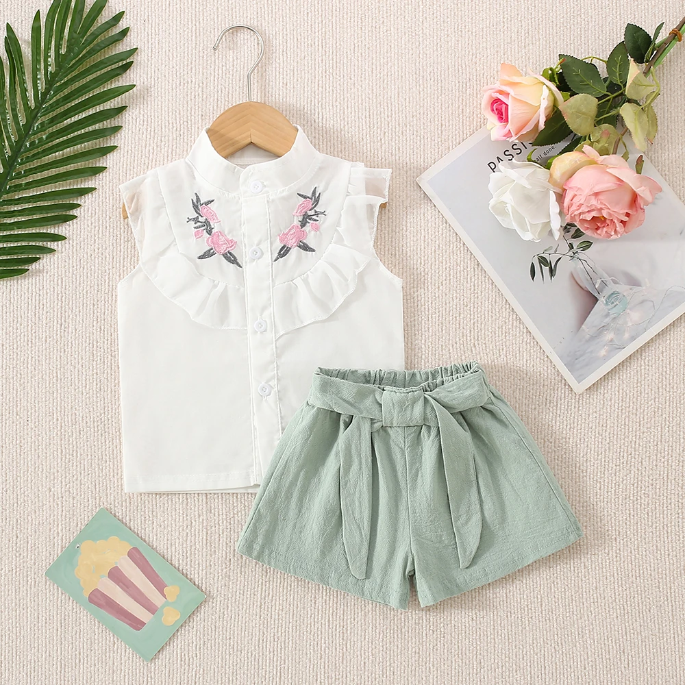 (0-3 Years Old) Summer Baby Girl Cotton Flower Embroidery Sleeveless Top And Shorts Two-Piece Set Of Cute Girl Shirt Top And Sho - Image 3