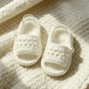 1 Pair Crochet Baby Sandals, White, Open-Toe Slides with Pearl Detail, Infant Shoes