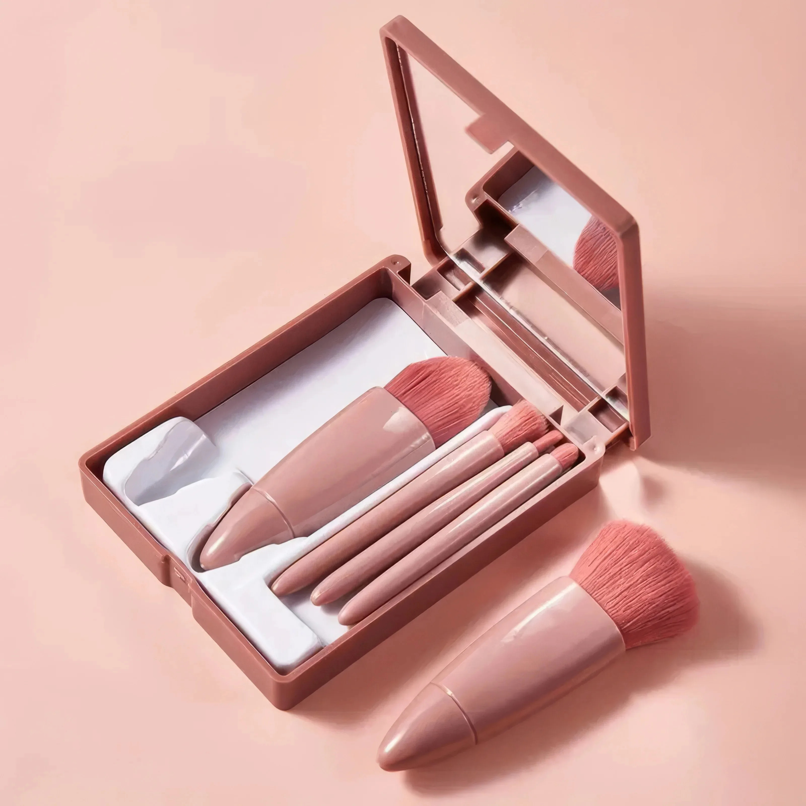 1 Set Chic Pink Makeup Brush Set - Mirror Compact, 5pcs Soft Bristles Versatile for Blush Eye Foundation - Image 2