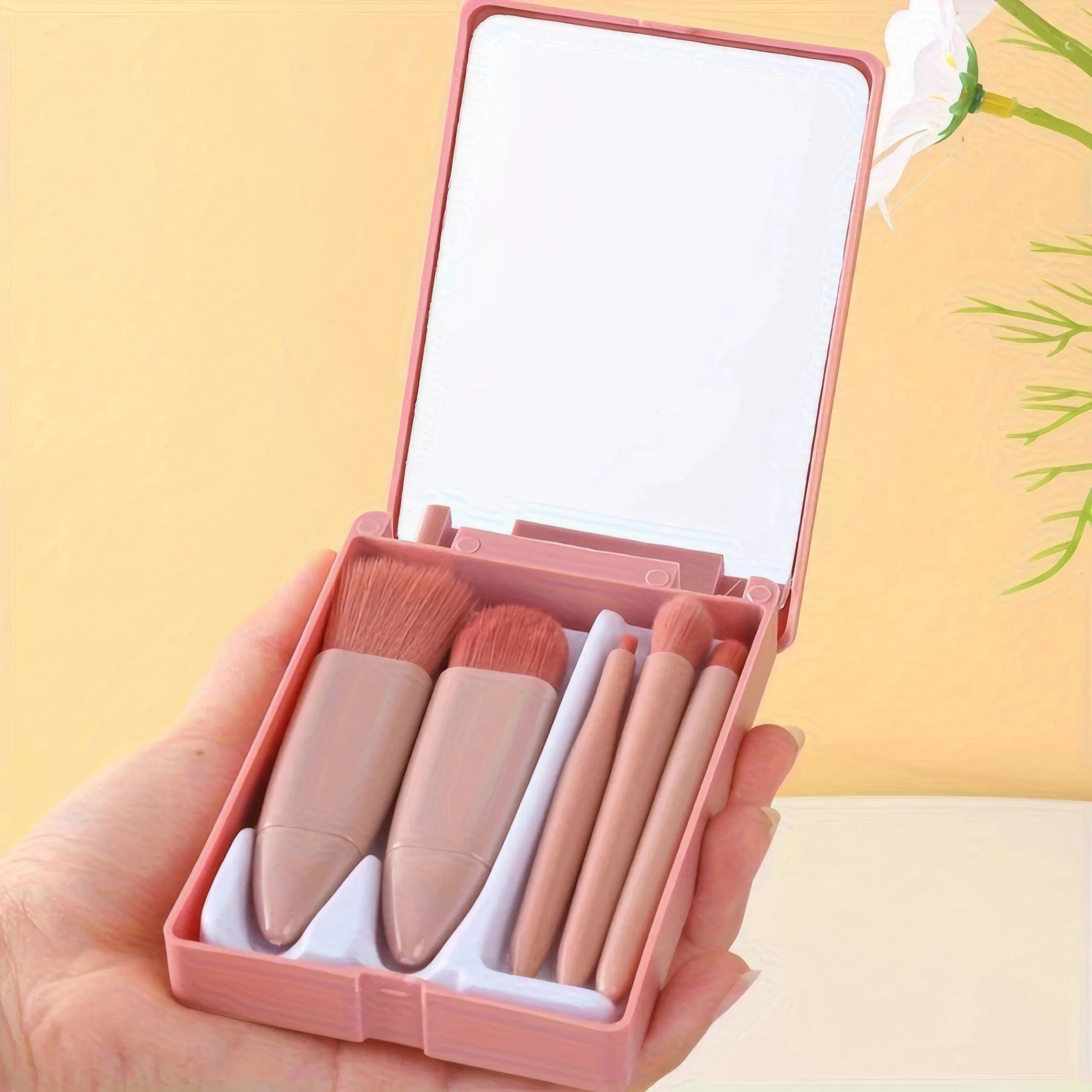 1 Set Chic Pink Makeup Brush Set - Mirror Compact, 5pcs Soft Bristles Versatile for Blush Eye Foundation - Image 4