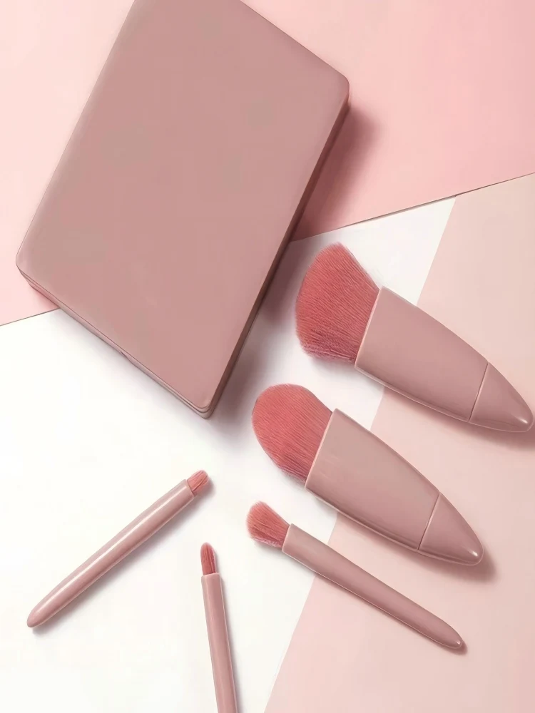 1 Set Chic Pink Makeup Brush Set - Mirror Compact, 5pcs Soft Bristles Versatile for Blush Eye Foundation - Image 3