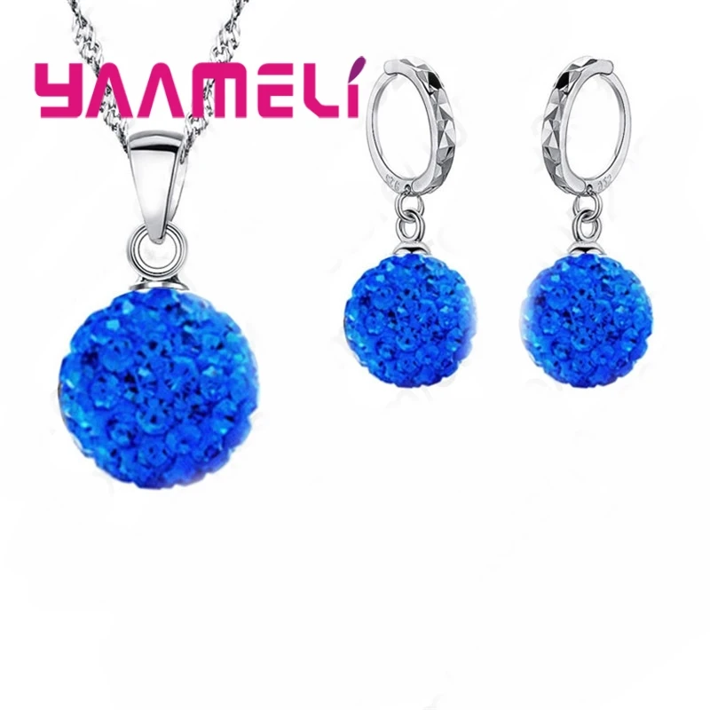 10 Colors Factory Price 925 Sterling Silver Jewlery Sets Micro Paved Crystals Round Ball Necklace Earrings For Women - Image 2