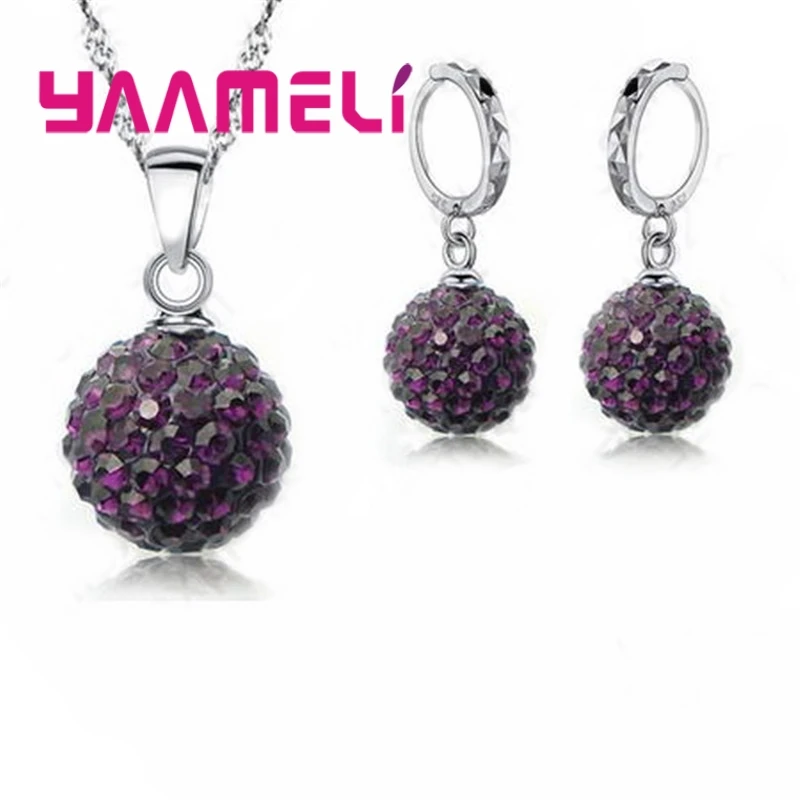 10 Colors Factory Price 925 Sterling Silver Jewlery Sets Micro Paved Crystals Round Ball Necklace Earrings For Women - Image 3