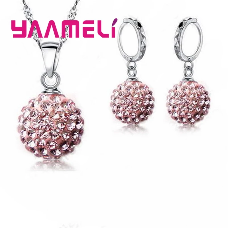 10 Colors Factory Price 925 Sterling Silver Jewlery Sets Micro Paved Crystals Round Ball Necklace Earrings For Women - Image 5