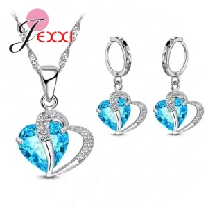 100% Real 925 Sterling Silver Jewelry Set Shiny Cubic Zircon Heart Pendant Necklace Leverback Earrings for Women Gift