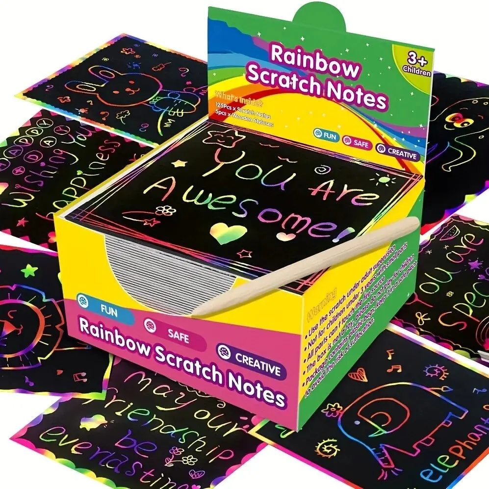 100pcs Scratch Art Cards Set - Magic Rainbow Painting Kit for Family Bonding, DIY Craft Activity Stencils & Bamboo Stick - Image 2
