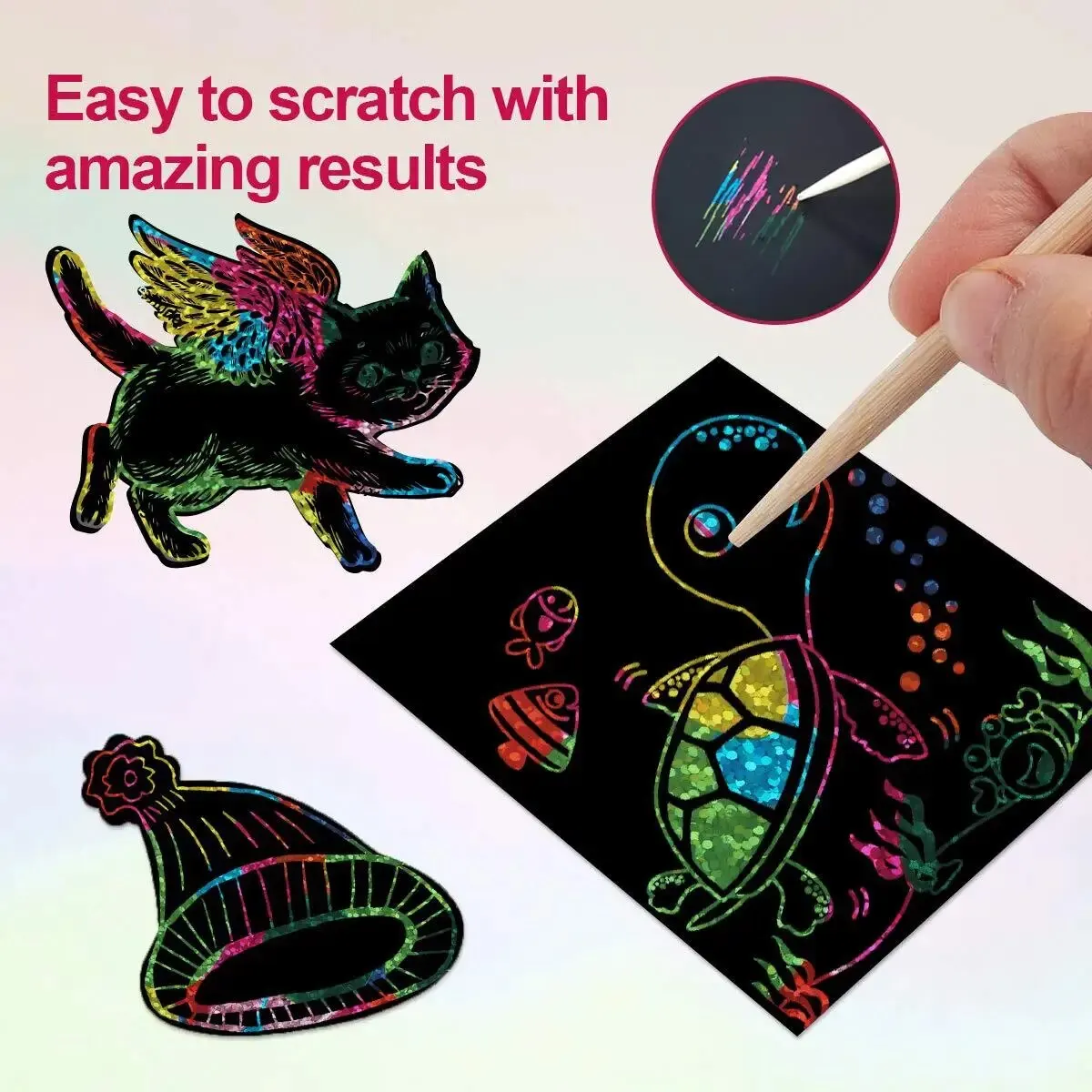 100pcs Scratch Art Cards Set - Magic Rainbow Painting Kit for Family Bonding, DIY Craft Activity Stencils & Bamboo Stick - Image 4