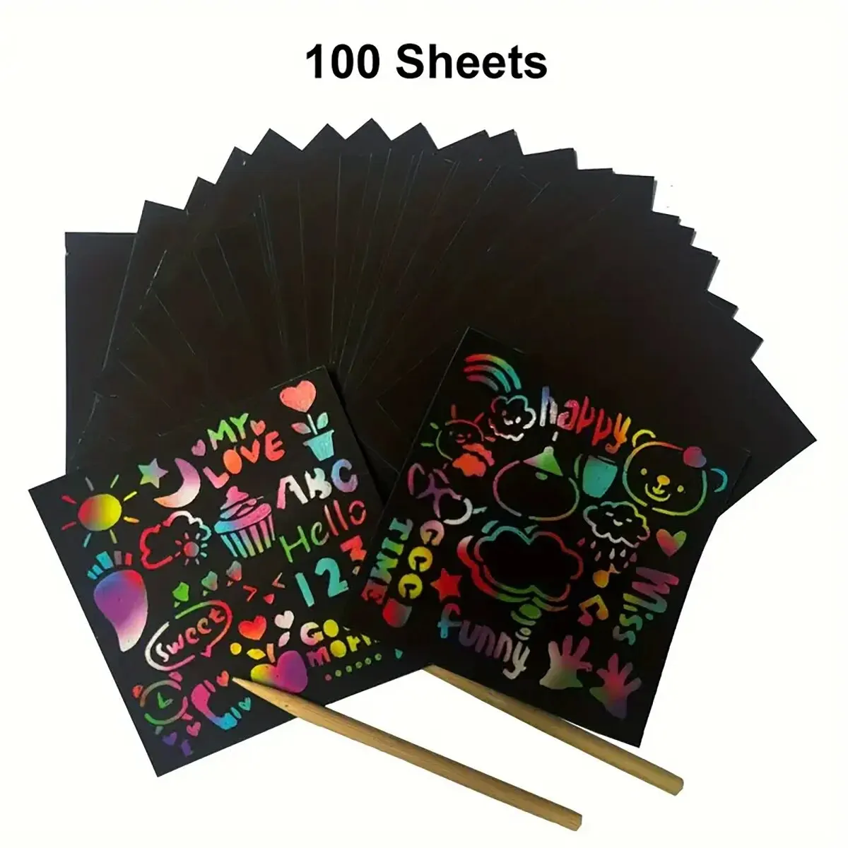 100pcs Scratch Art Cards Set - Magic Rainbow Painting Kit for Family Bonding, DIY Craft Activity Stencils & Bamboo Stick