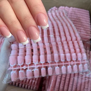 120Pcs Short Square Coffin French Fake Nails Glossy Pink Full Cover Wearable Press on Nails Wearable Acrylic Fake Nails Tips #