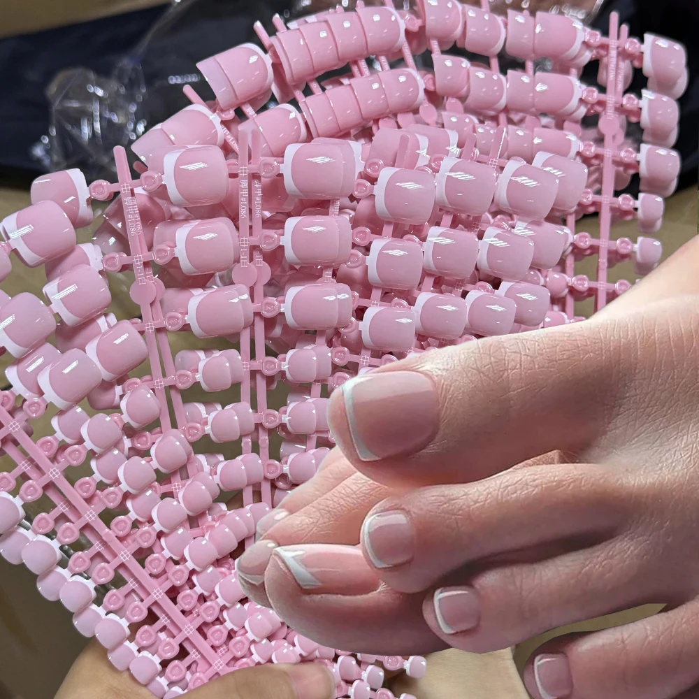 120pcs Short Square False Toe Nail Tips Pink French Soft Gel Press On Toenails White Edge Fake Toe nails Full Cover Toe Nail Tip - Image 2