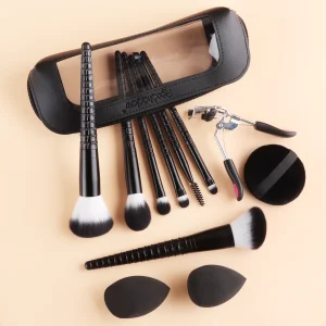 12Pcs Complete Makeup Tool Kit 7 Makeup Brushes 2 Beauty Sponges Eyelash Curler Powder Puff Storage Bag Full Cosmetic Set