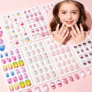 168pcs Candy Color Flower Heart Kids Press On Nails Cute Polka Dot Bow Ice Cream Children False Nails Kawaii Rainbow Manicure