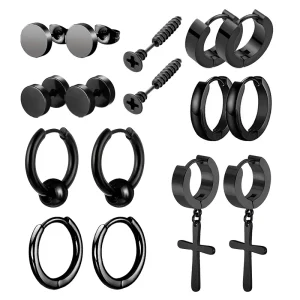 1/9Pairs Black Stainless Steel Earrings Punk Unisex Geometry Simple Trend Fashion Drop Earrings Women Men Gothic Stud Earrings